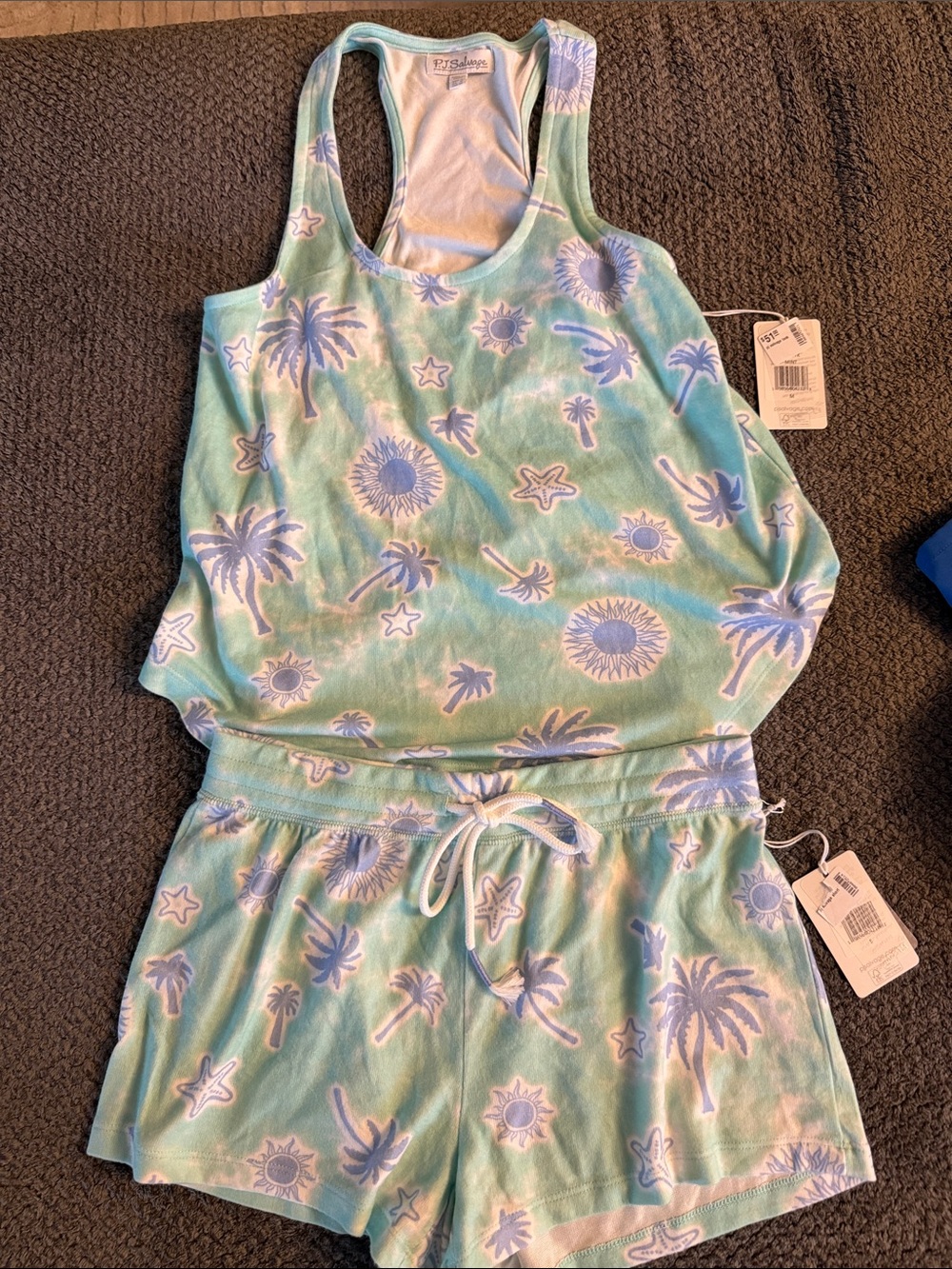 P.J. Salvage Mint and Lavender Palm Print Terry Two-Piece Set